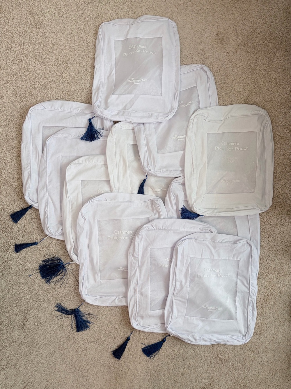 Cashmere Protection Pouch White Zippered Lot of 11 Blue Tassel